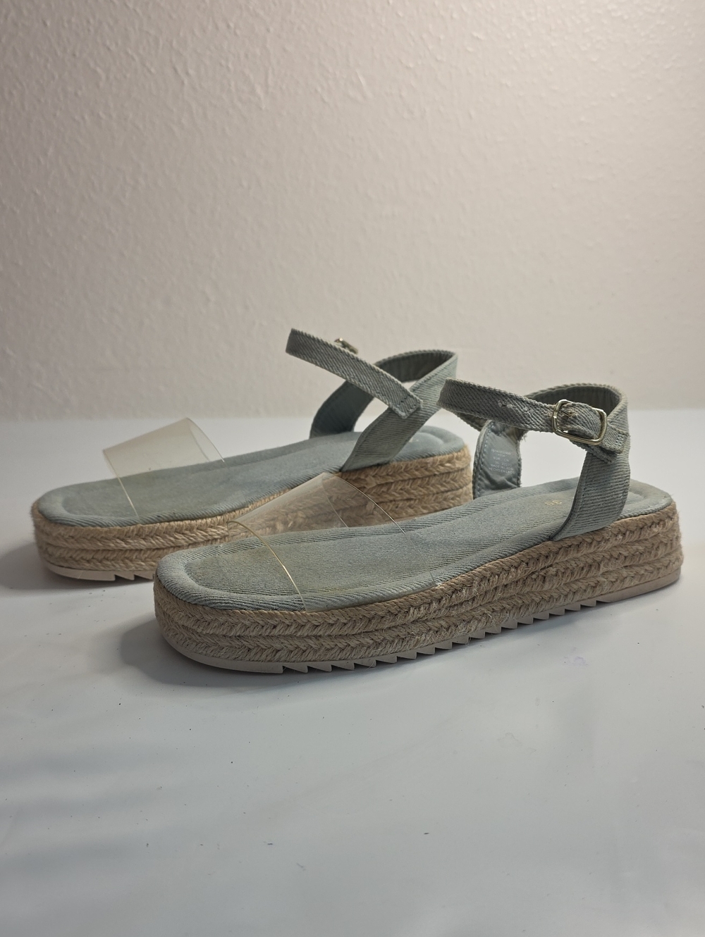 ZARA WOMENS 35 ESPADRILLE LIGHT BLUE DENIM PLATFORM ANKLE STRAP SANDAL IN VGUC